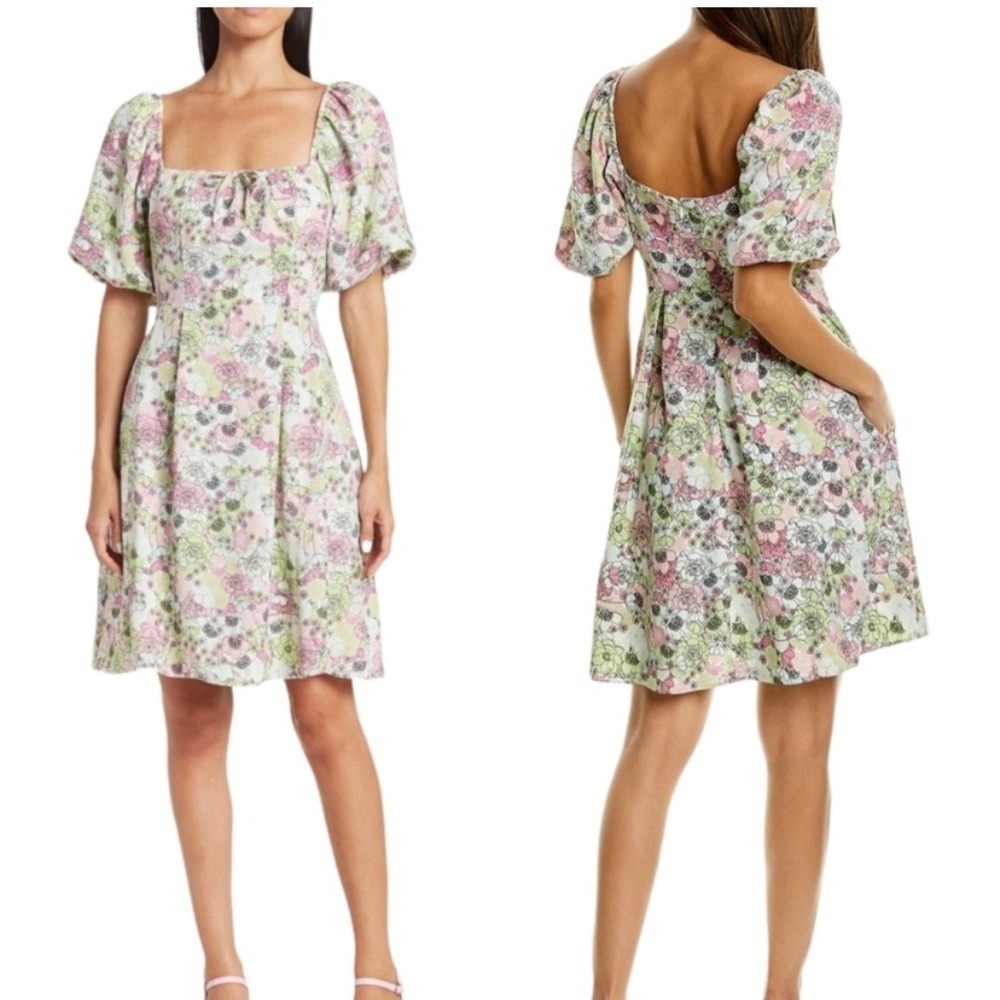NWT BCBGeneration Floral Puff Sleeve Square Neck Mini Dress Garden Women's 6